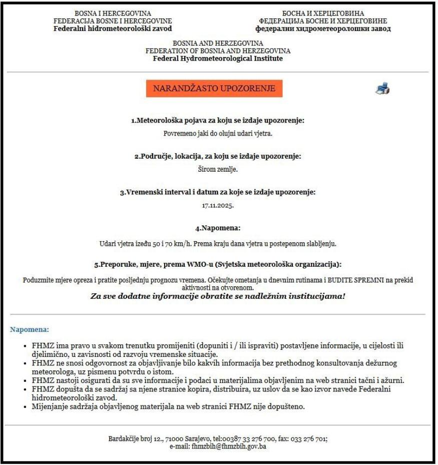 Upozorenje: Povremeno jaki do olujni udari vjetra