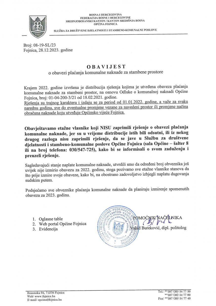 Obavijest o obavezi plaćanja komunalne naknade